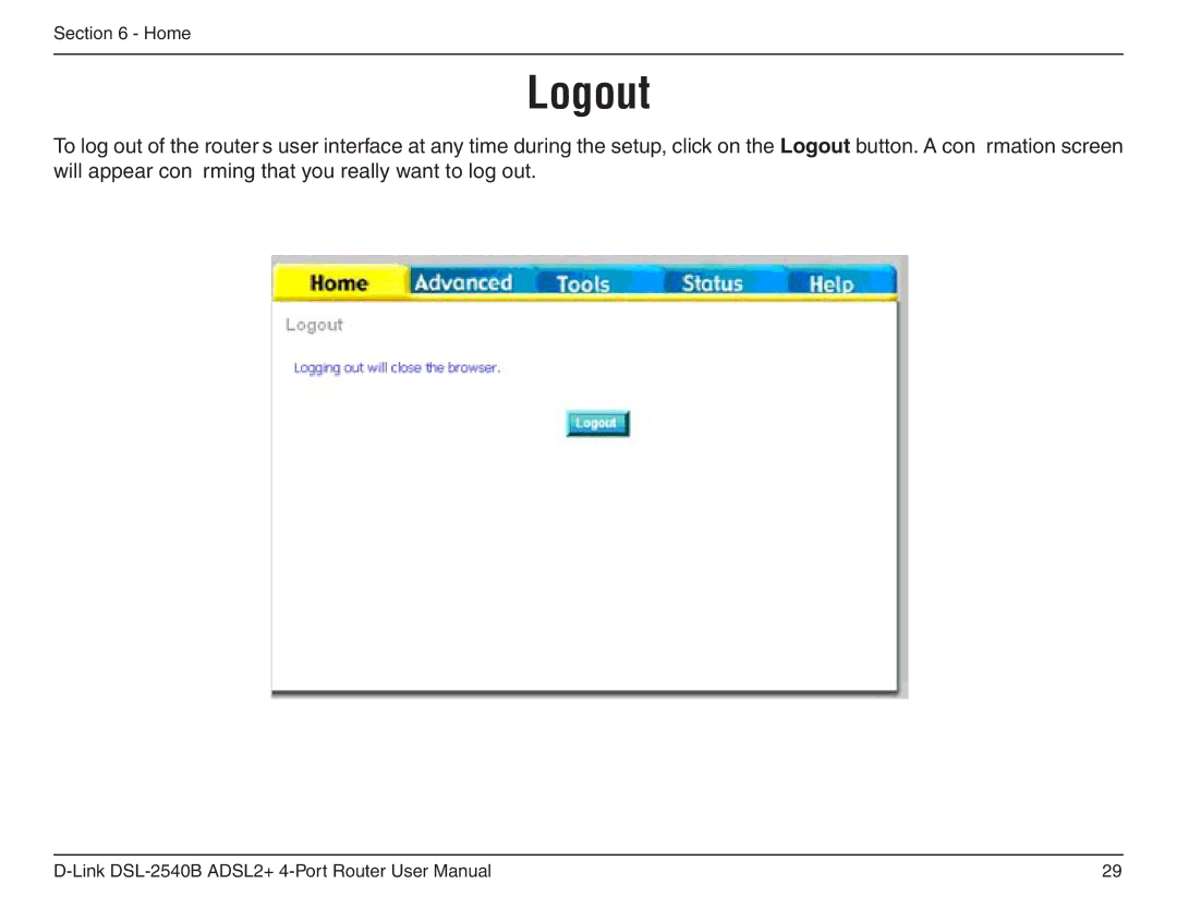 D-Link DSL-2540B manual Logout 