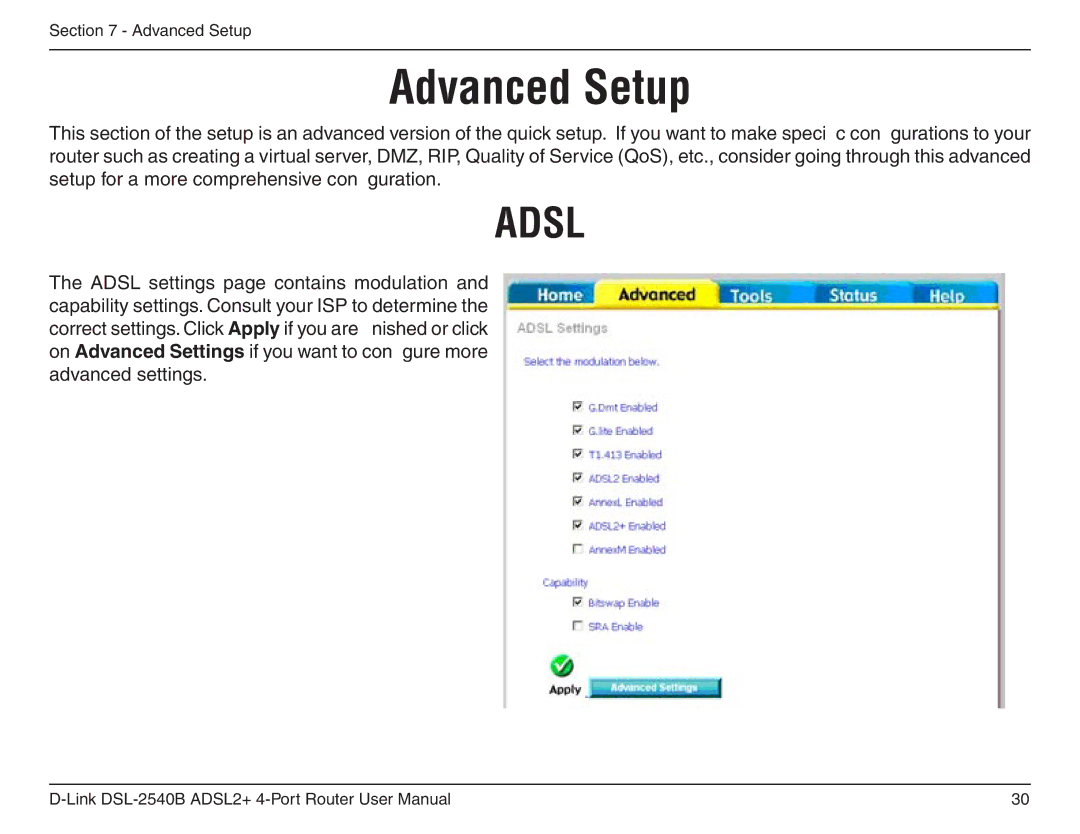 D-Link DSL-2540B manual Advanced Setup, Adsl 