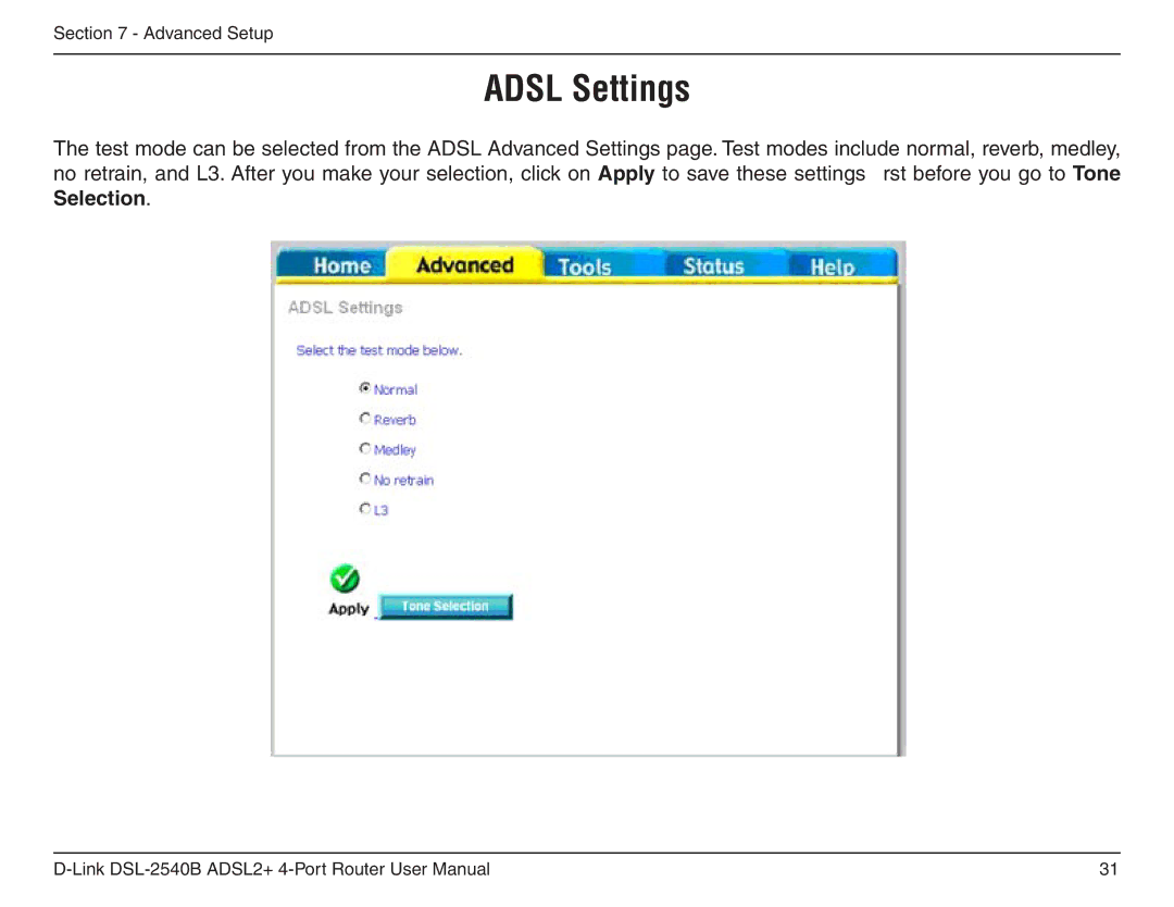 D-Link DSL-2540B manual Adsl Settings 