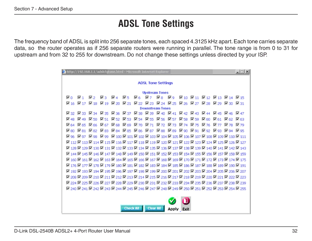 D-Link DSL-2540B manual Adsl Tone Settings 