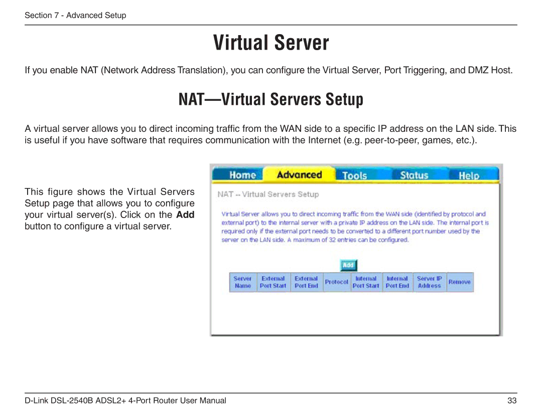 D-Link DSL-2540B manual NAT-Virtual Servers Setup 