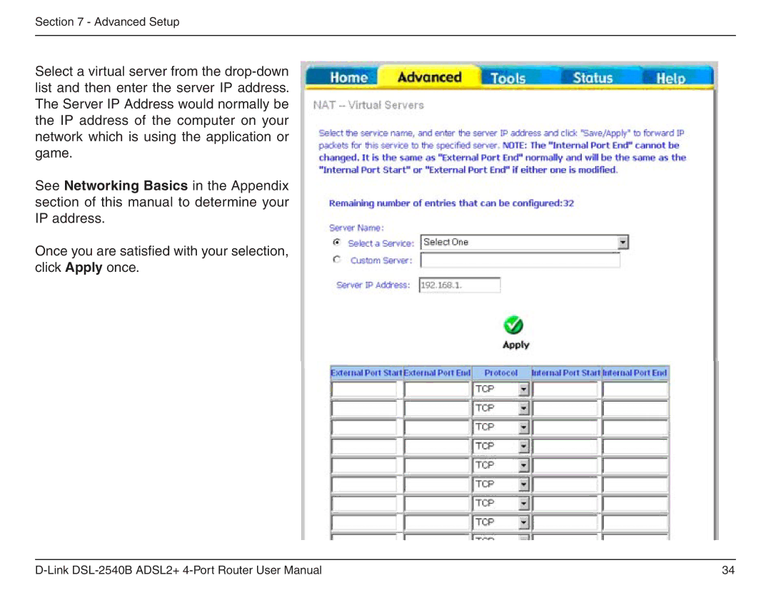 D-Link DSL-2540B manual Advanced Setup 