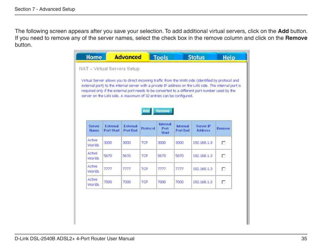 D-Link DSL-2540B manual Advanced Setup 