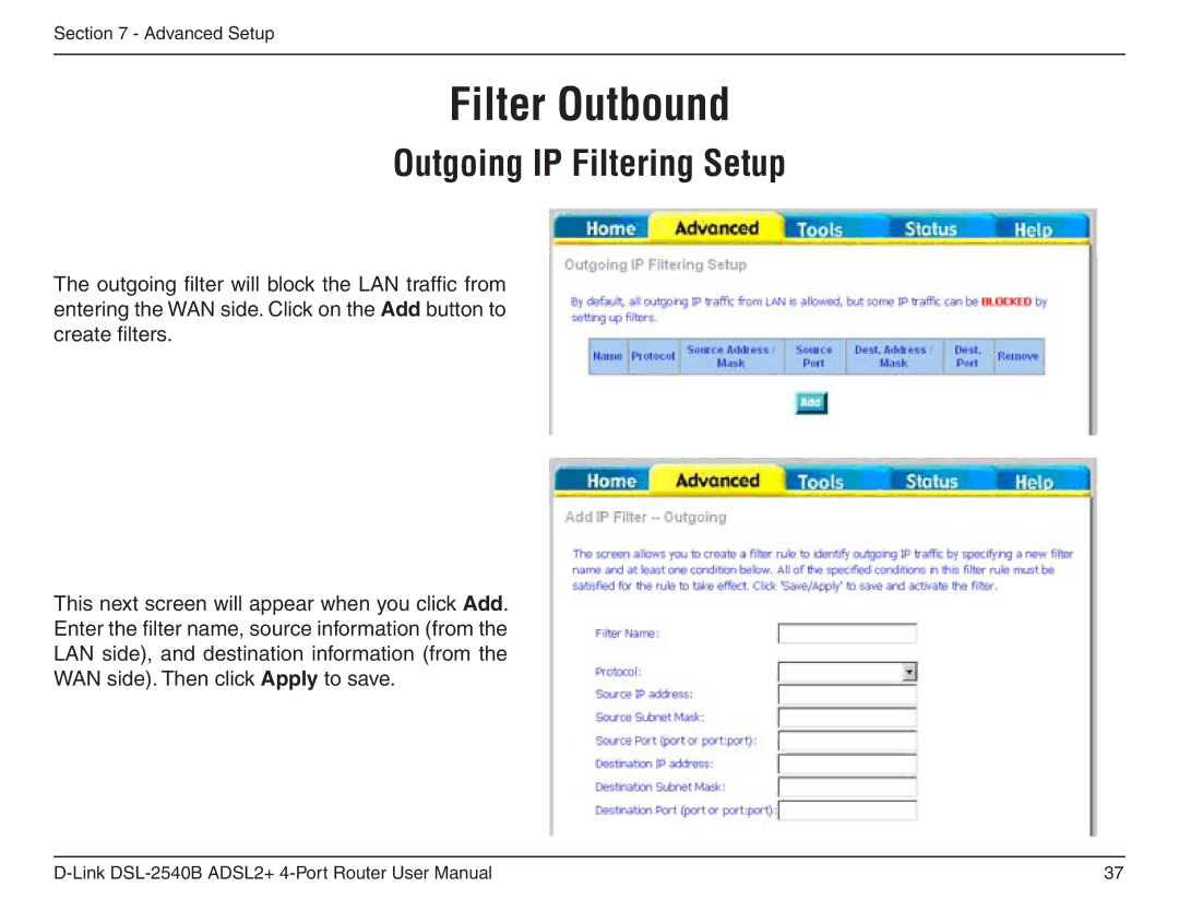 D-Link DSL-2540B manual Filter Outbound, Outgoing IP Filtering Setup 