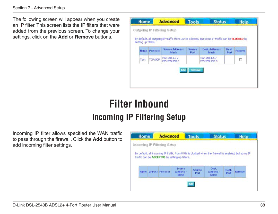 D-Link DSL-2540B manual Filter Inbound, Incoming IP Filtering Setup 