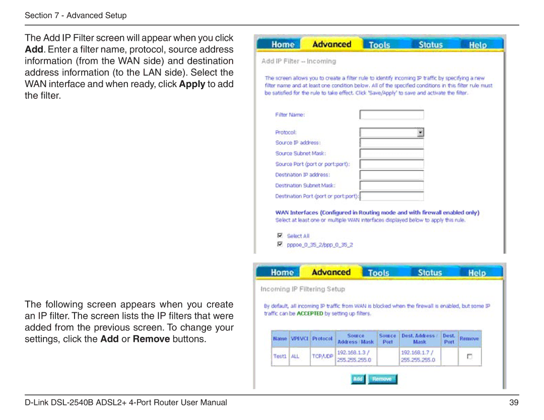 D-Link DSL-2540B manual Advanced Setup 