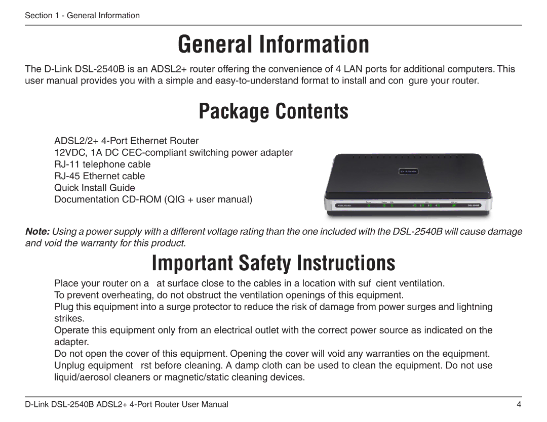 D-Link DSL-2540B manual General Information, Package Contents, Important Safety Instructions 