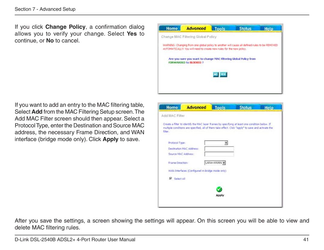 D-Link DSL-2540B manual Advanced Setup 