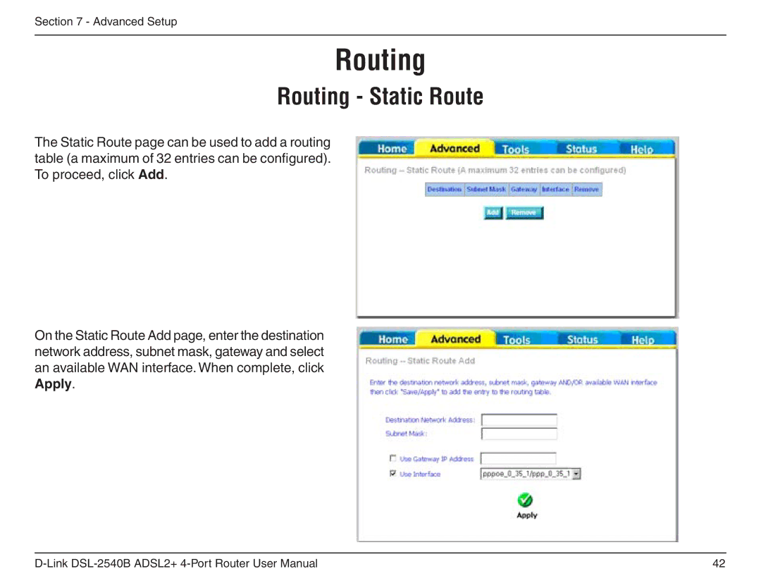 D-Link DSL-2540B manual Routing Static Route 