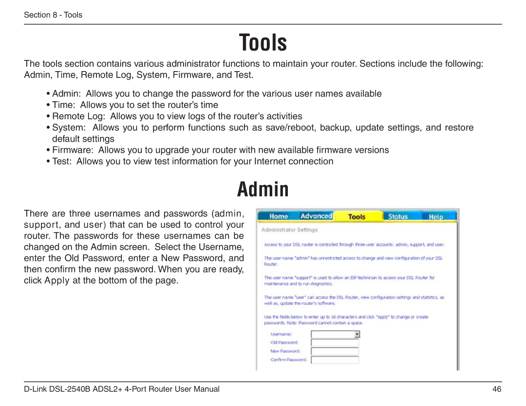 D-Link DSL-2540B manual Tools, Admin 