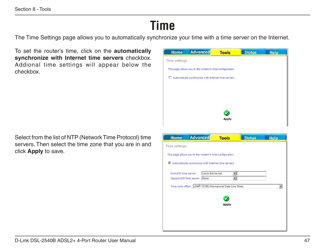 D-Link DSL-2540B manual Time 