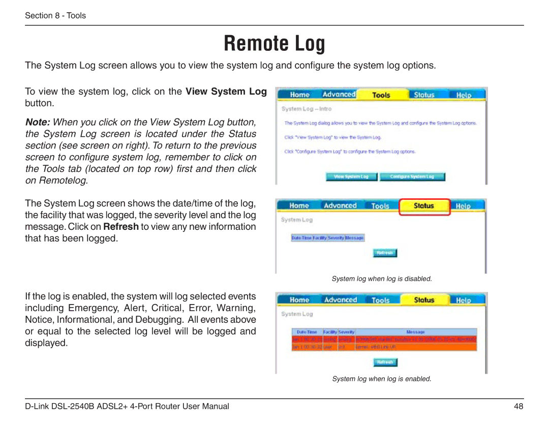 D-Link DSL-2540B manual Remote Log 