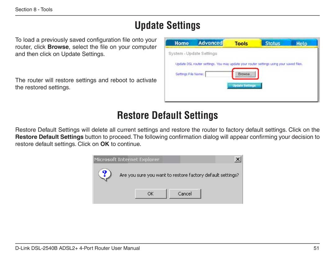 D-Link DSL-2540B manual Update Settings, Restore Default Settings 