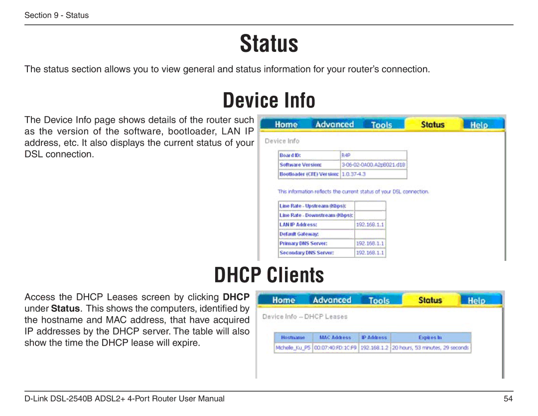 D-Link DSL-2540B manual Status, Device Info, Dhcp Clients 