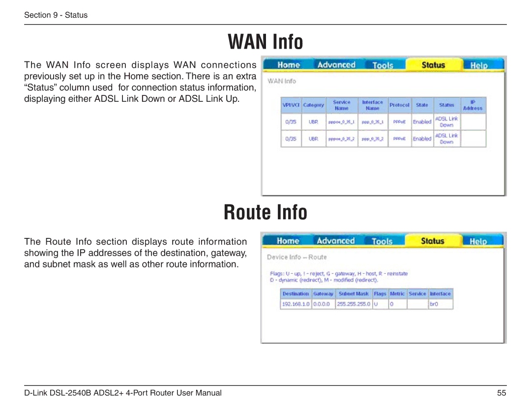 D-Link DSL-2540B manual WAN Info, Route Info 