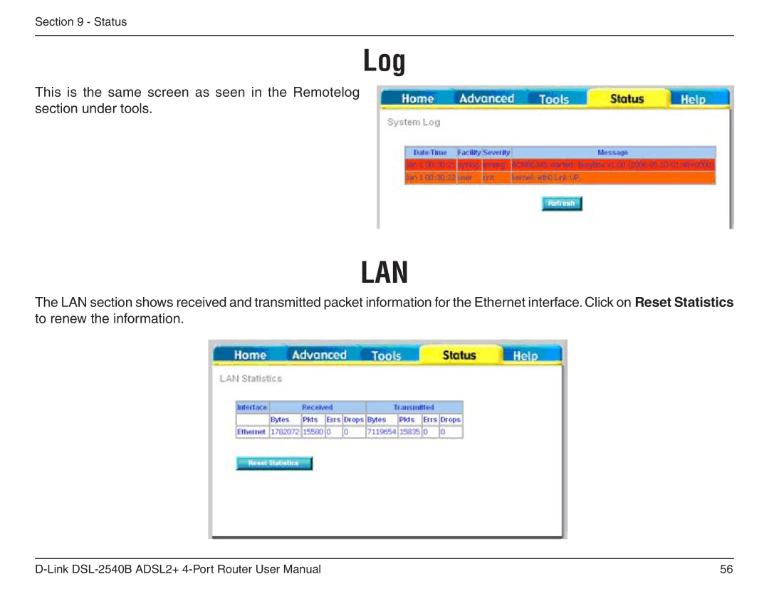 D-Link DSL-2540B manual Log 