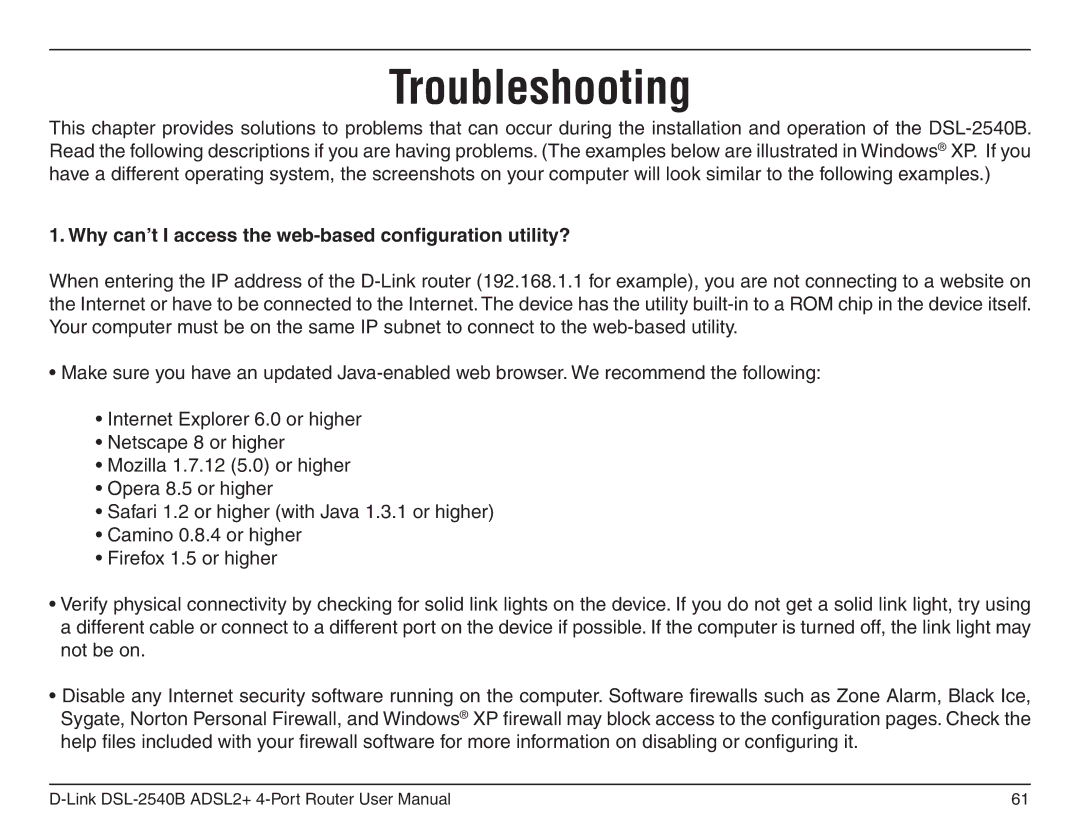 D-Link DSL-2540B manual Troubleshooting, Why can’t I access the web-based configuration utility? 