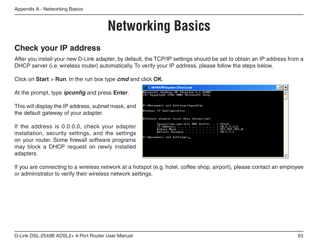 D-Link DSL-2540B manual Networking Basics, Check your IP address 