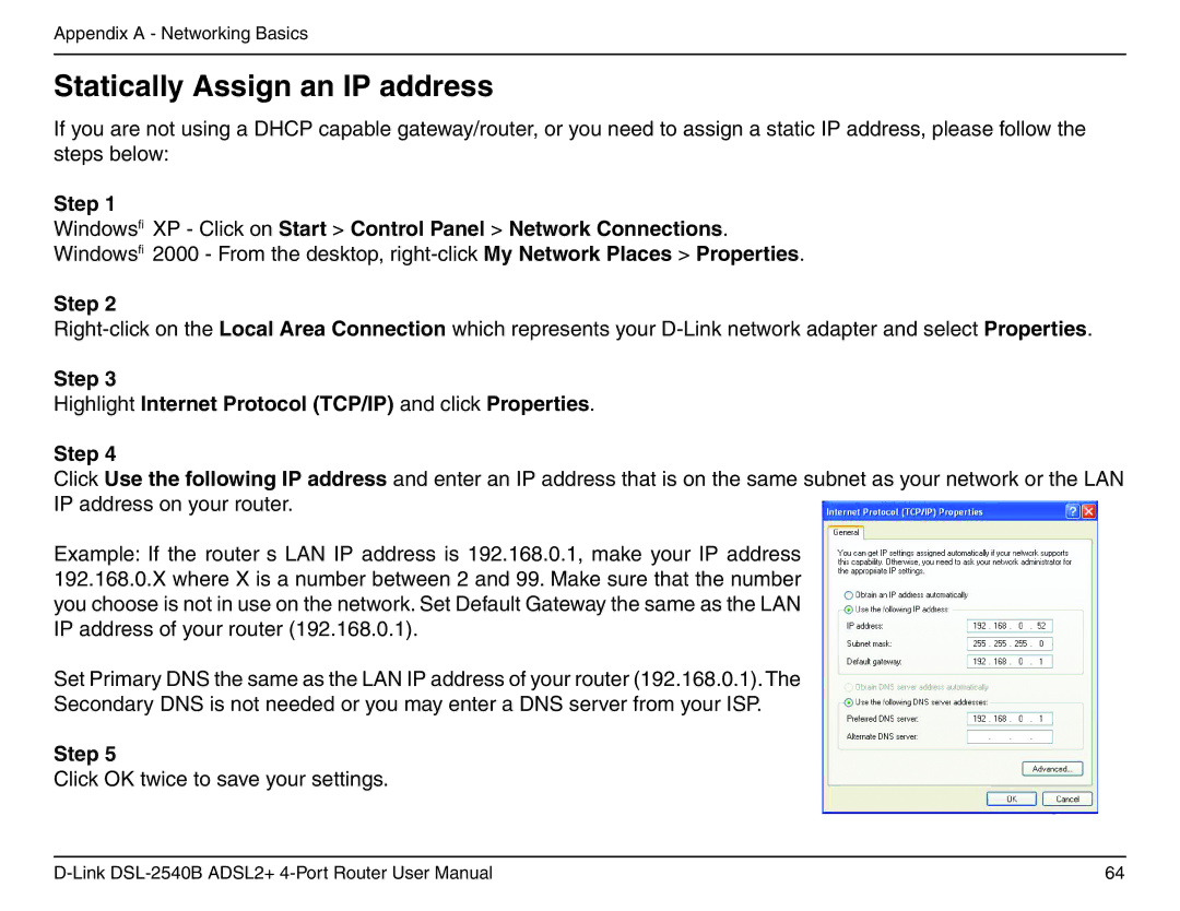 D-Link DSL-2540B manual Statically Assign an IP address 