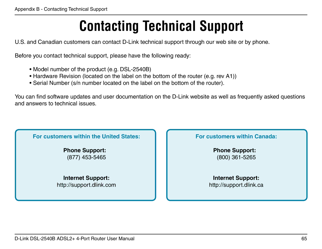 D-Link DSL-2540B manual Contacting Technical Support 