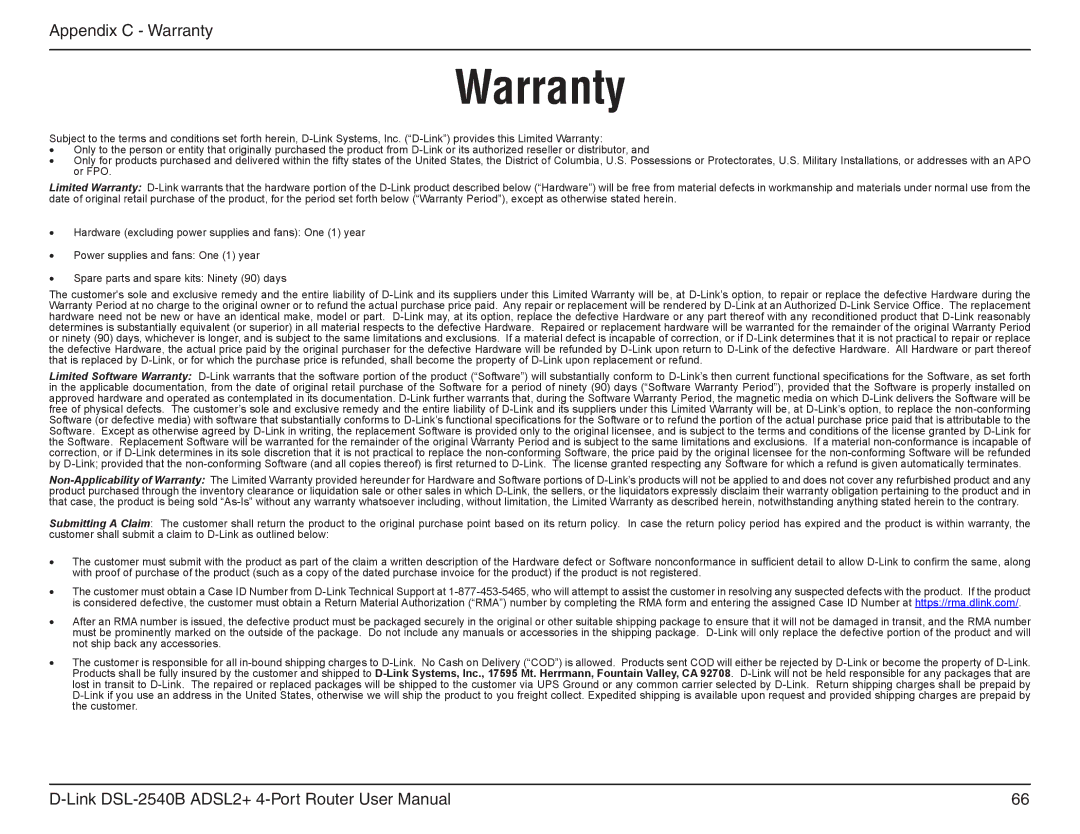 D-Link DSL-2540B manual Warranty 