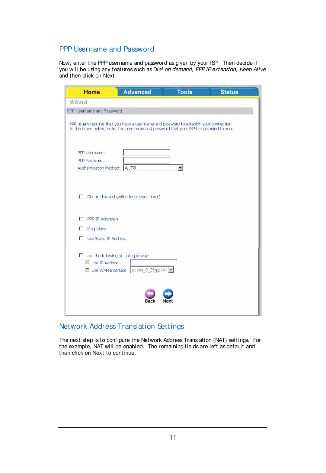 D-Link DSL-2640U user manual PPP Username and Password, Network Address Translation Settings 