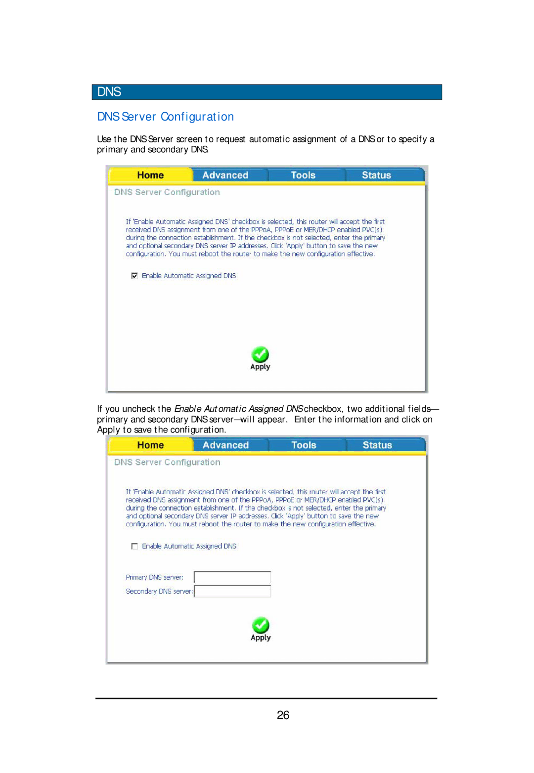 D-Link DSL-2640U user manual Dns, DNS Server Configuration 