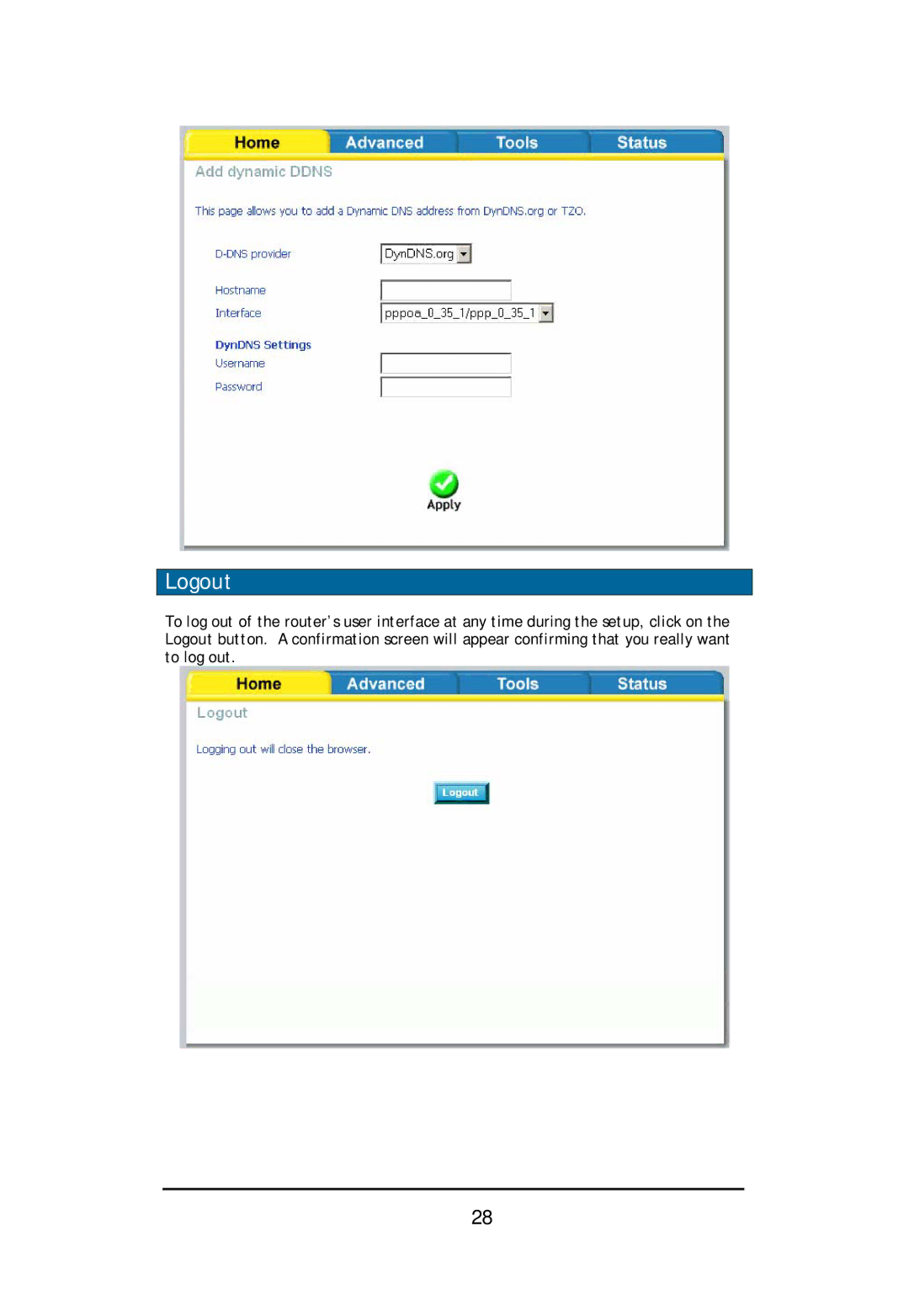 D-Link DSL-2640U user manual Logout 