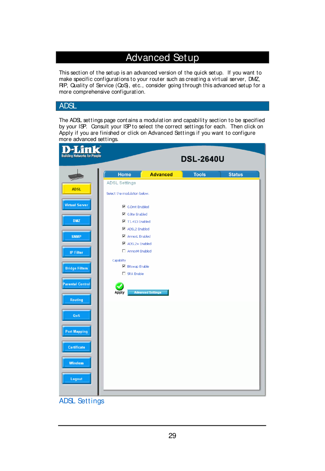 D-Link DSL-2640U user manual Advanced Setup, Adsl Settings 