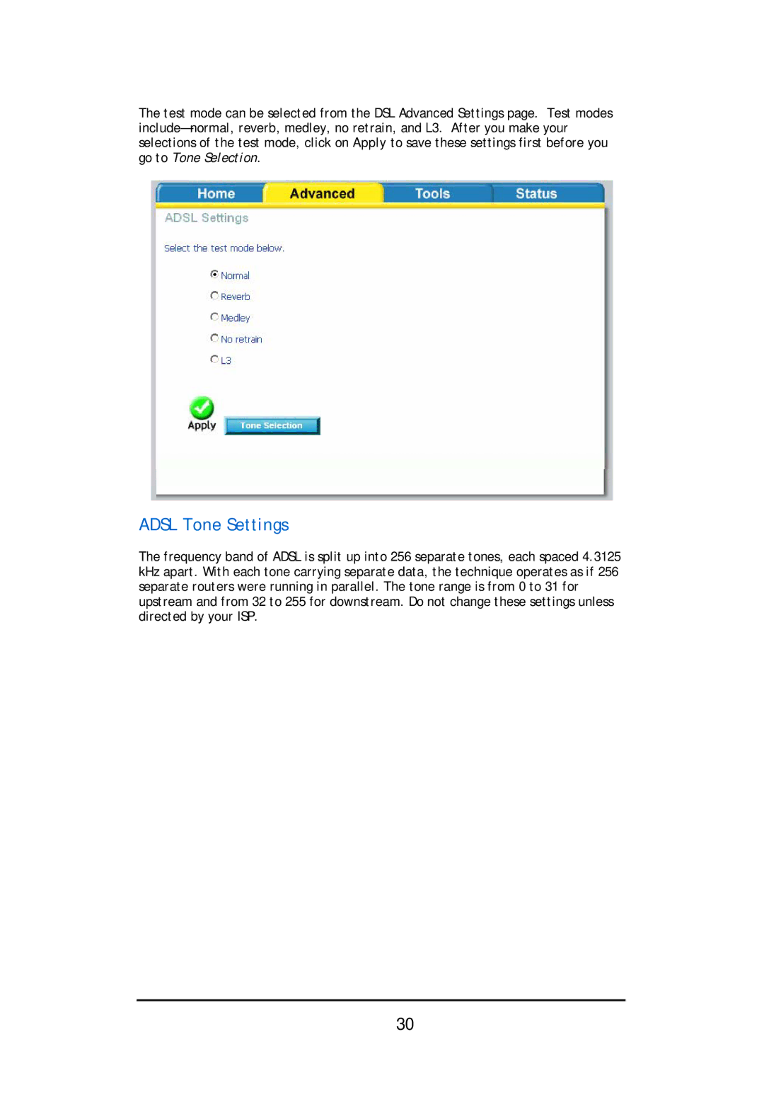 D-Link DSL-2640U user manual Adsl Tone Settings 