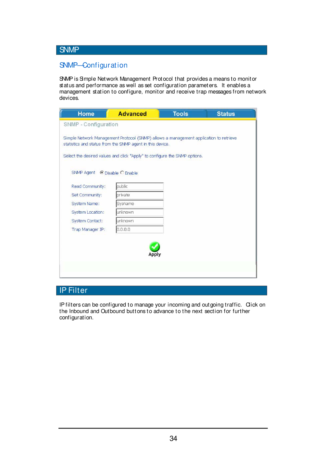 D-Link DSL-2640U user manual IP Filter, SNMP-Configuration 