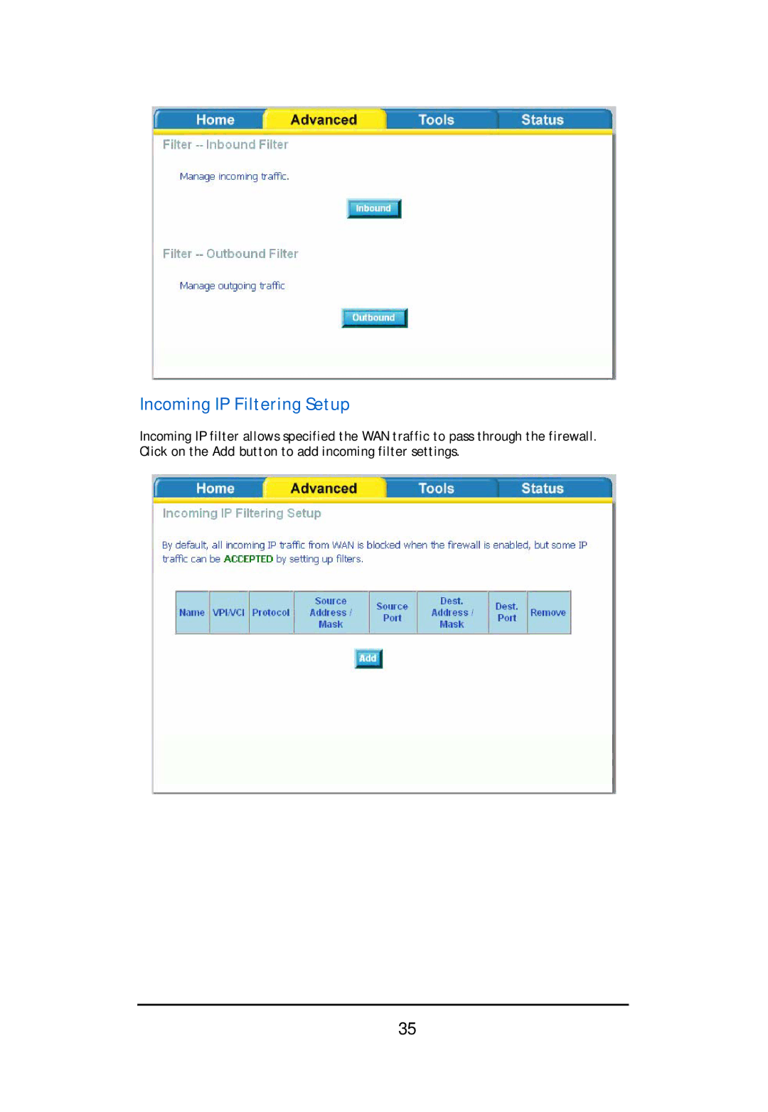 D-Link DSL-2640U user manual Incoming IP Filtering Setup 