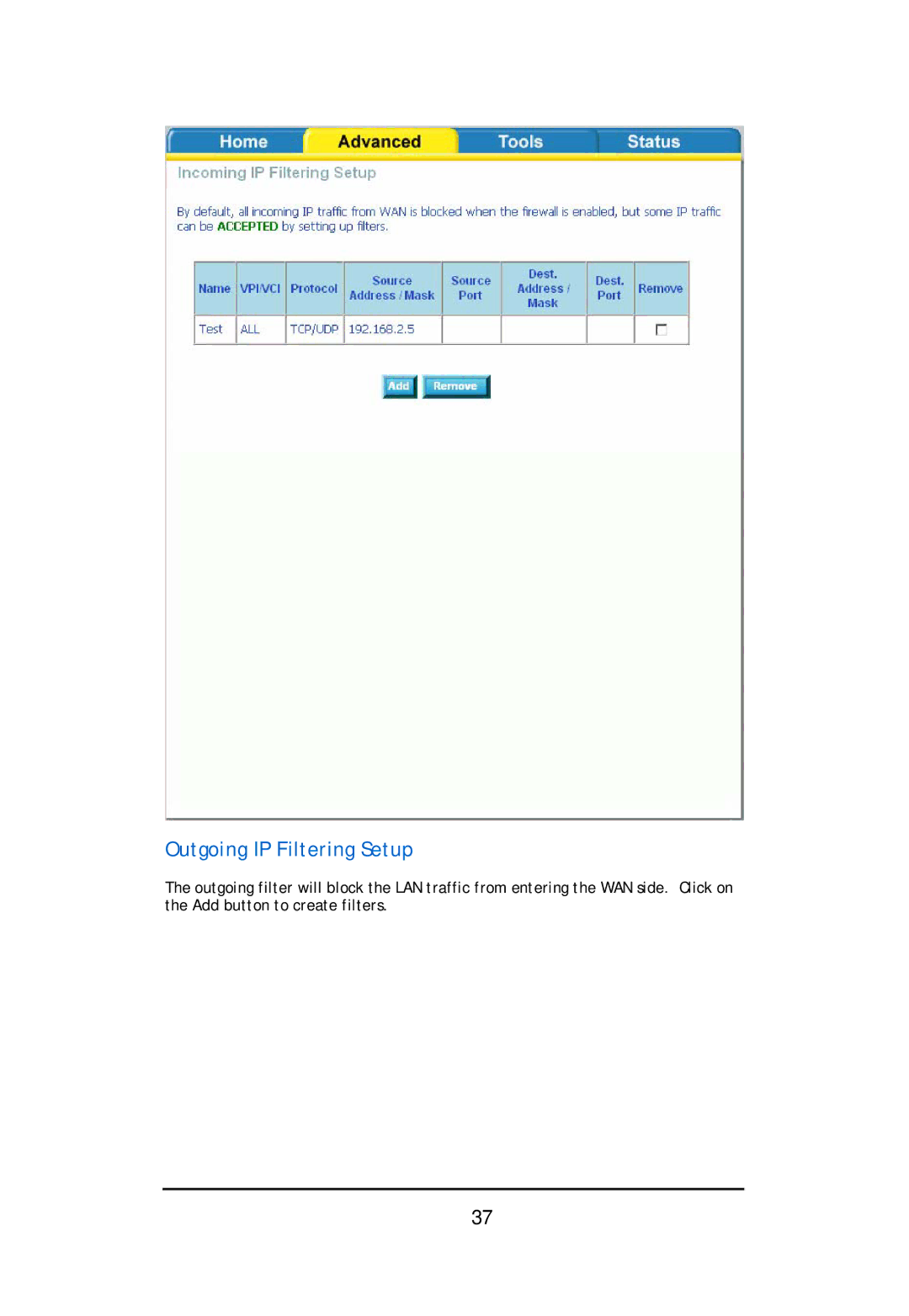 D-Link DSL-2640U user manual Outgoing IP Filtering Setup 