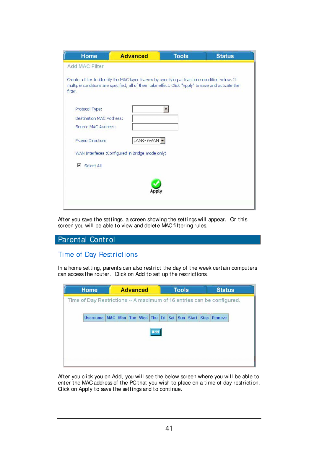 D-Link DSL-2640U user manual Parental Control, Time of Day Restrictions 