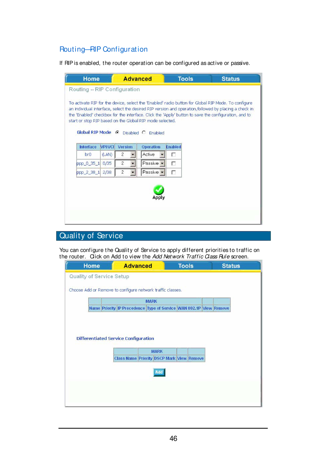 D-Link DSL-2640U user manual Quality of Service, Routing-RIP Configuration 