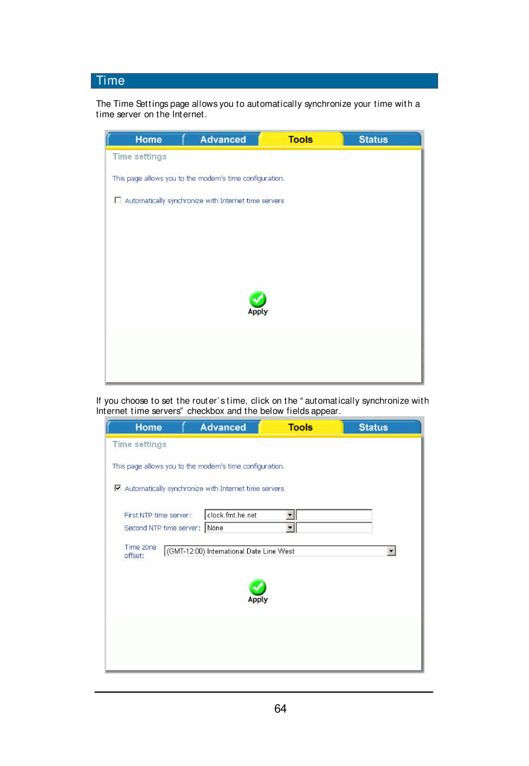 D-Link DSL-2640U user manual Time 