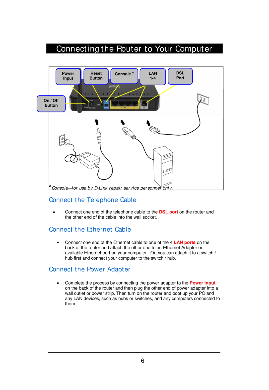 D-Link DSL-2640U user manual Connecting the Router to Your Computer 