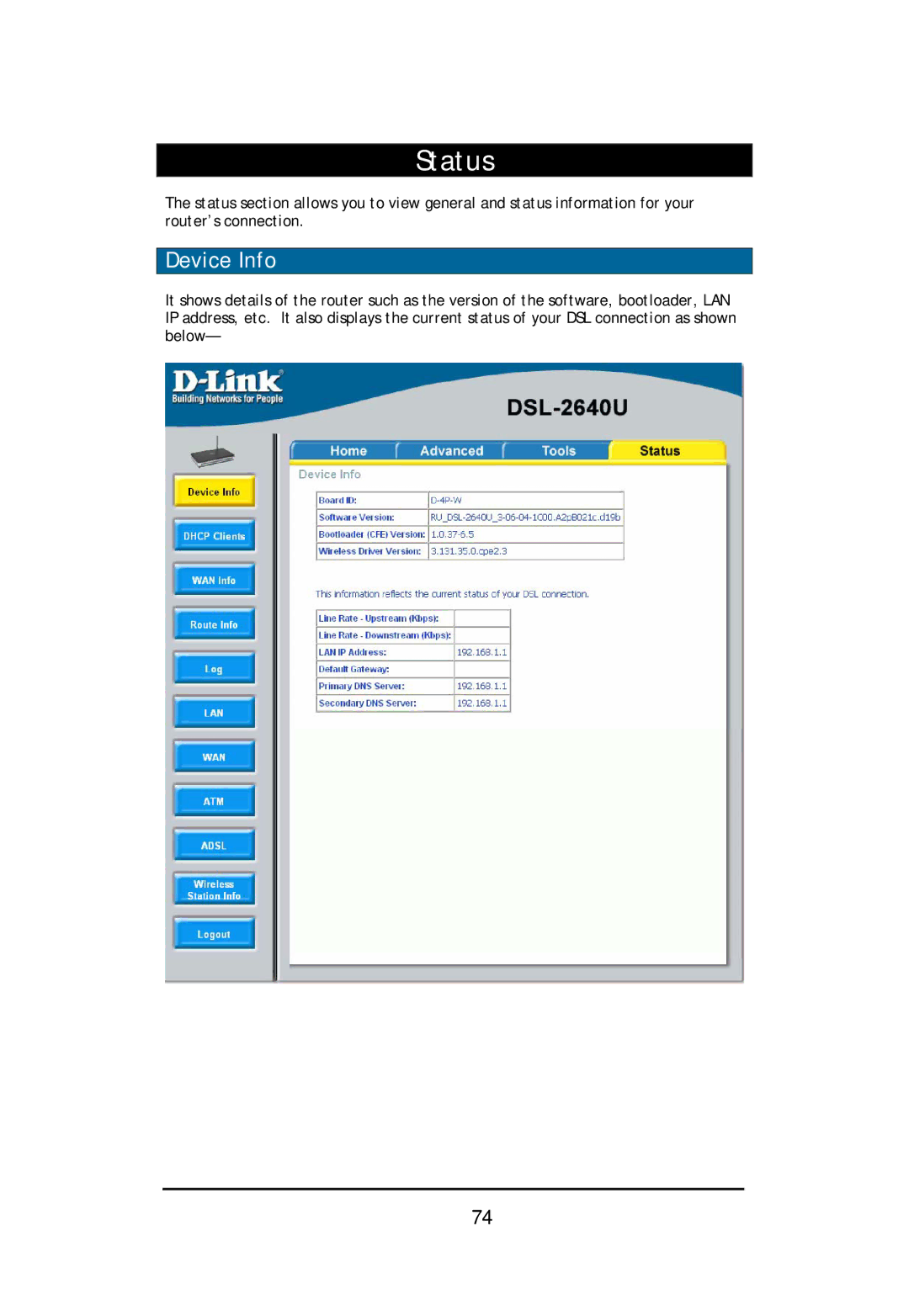 D-Link DSL-2640U user manual Status, Device Info 