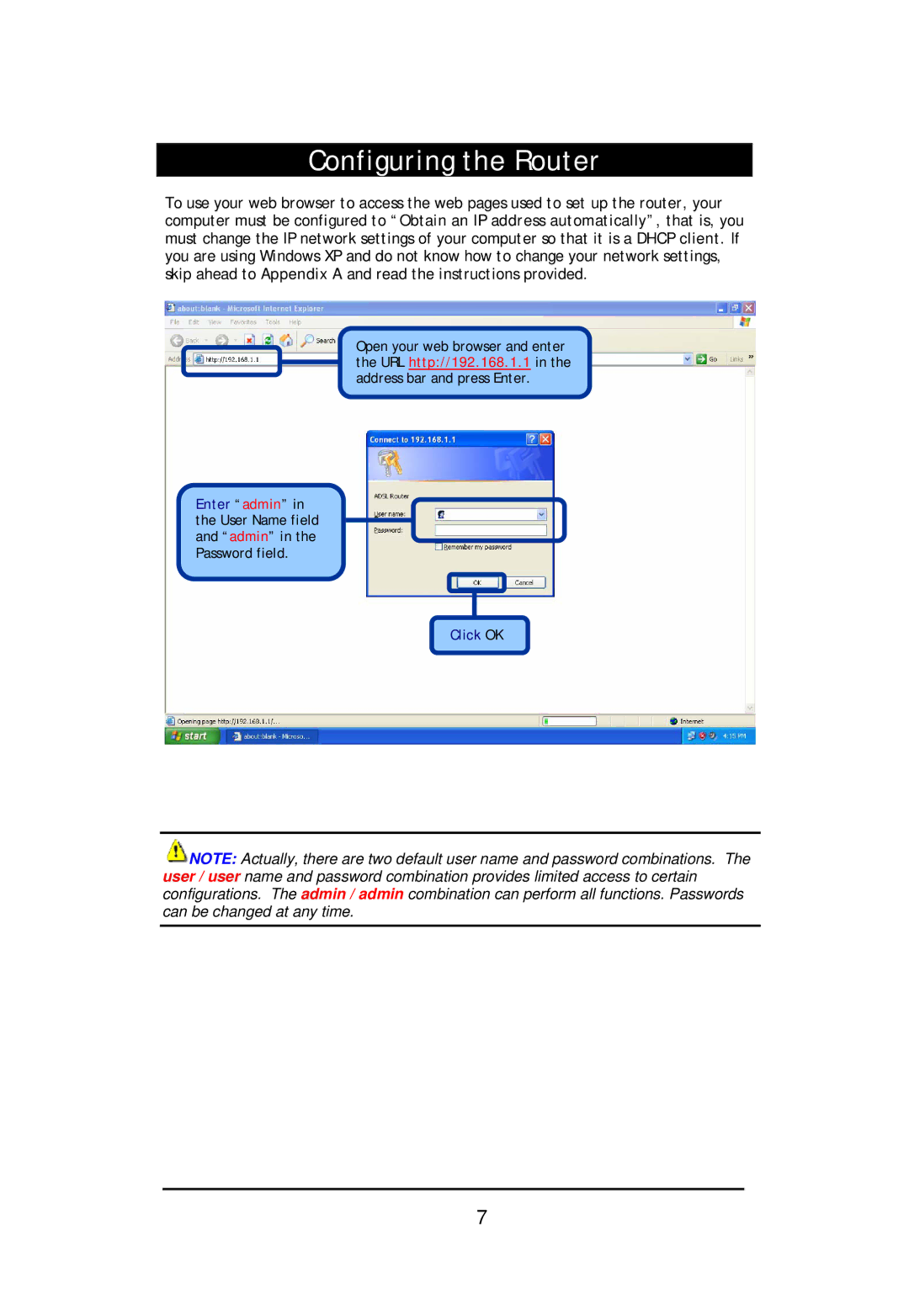 D-Link DSL-2640U user manual Configuring the Router 