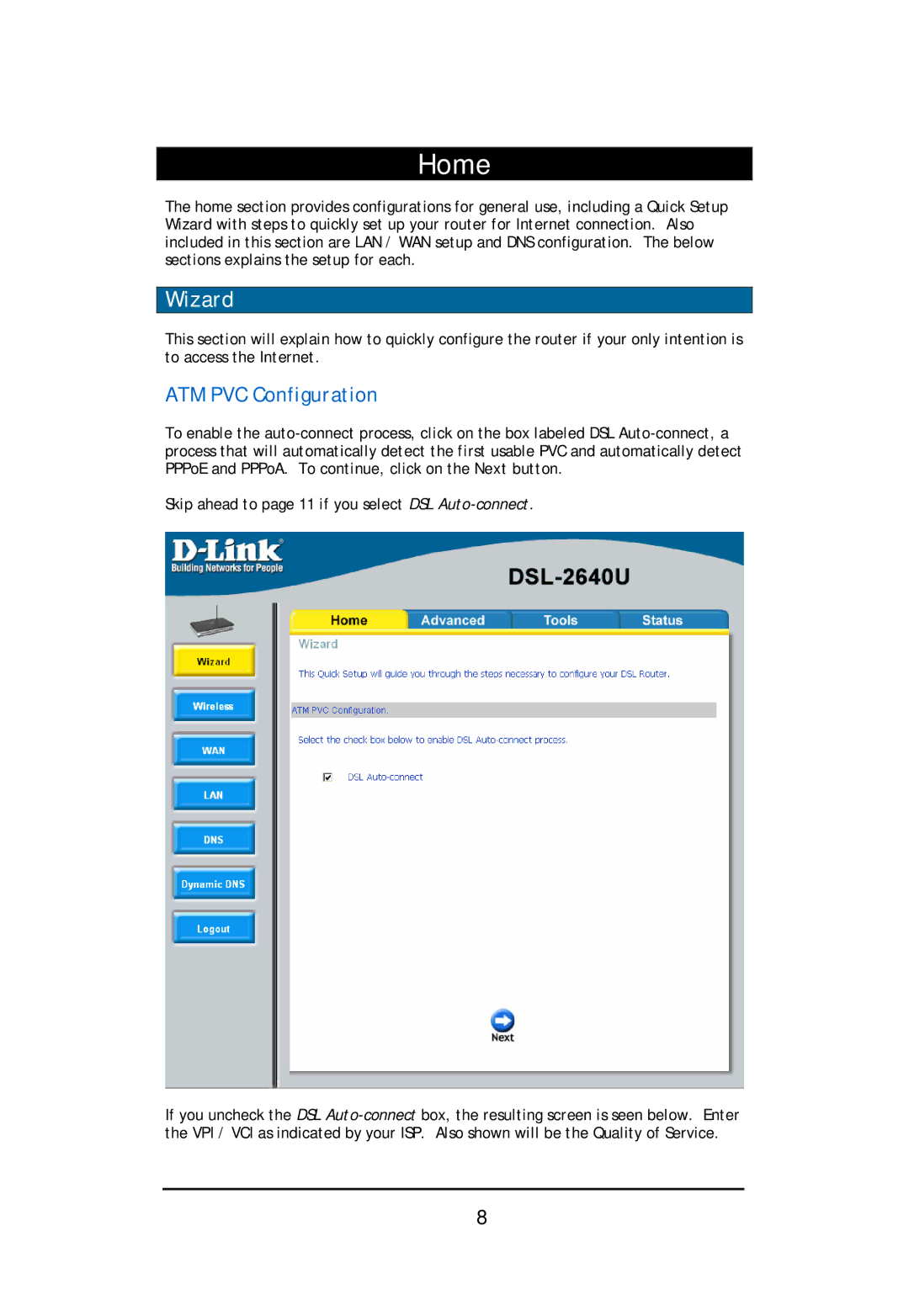 D-Link DSL-2640U user manual Wizard, ATM PVC Configuration 