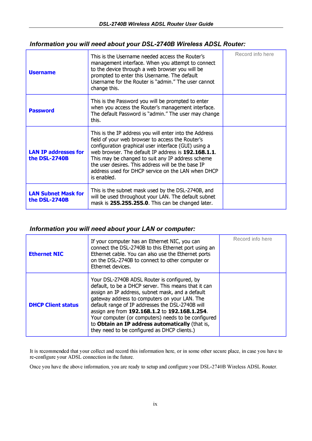 D-Link DSL-2740B manual LAN IP addresses for, LAN Subnet Mask for, Ethernet NIC, Dhcp Client status 