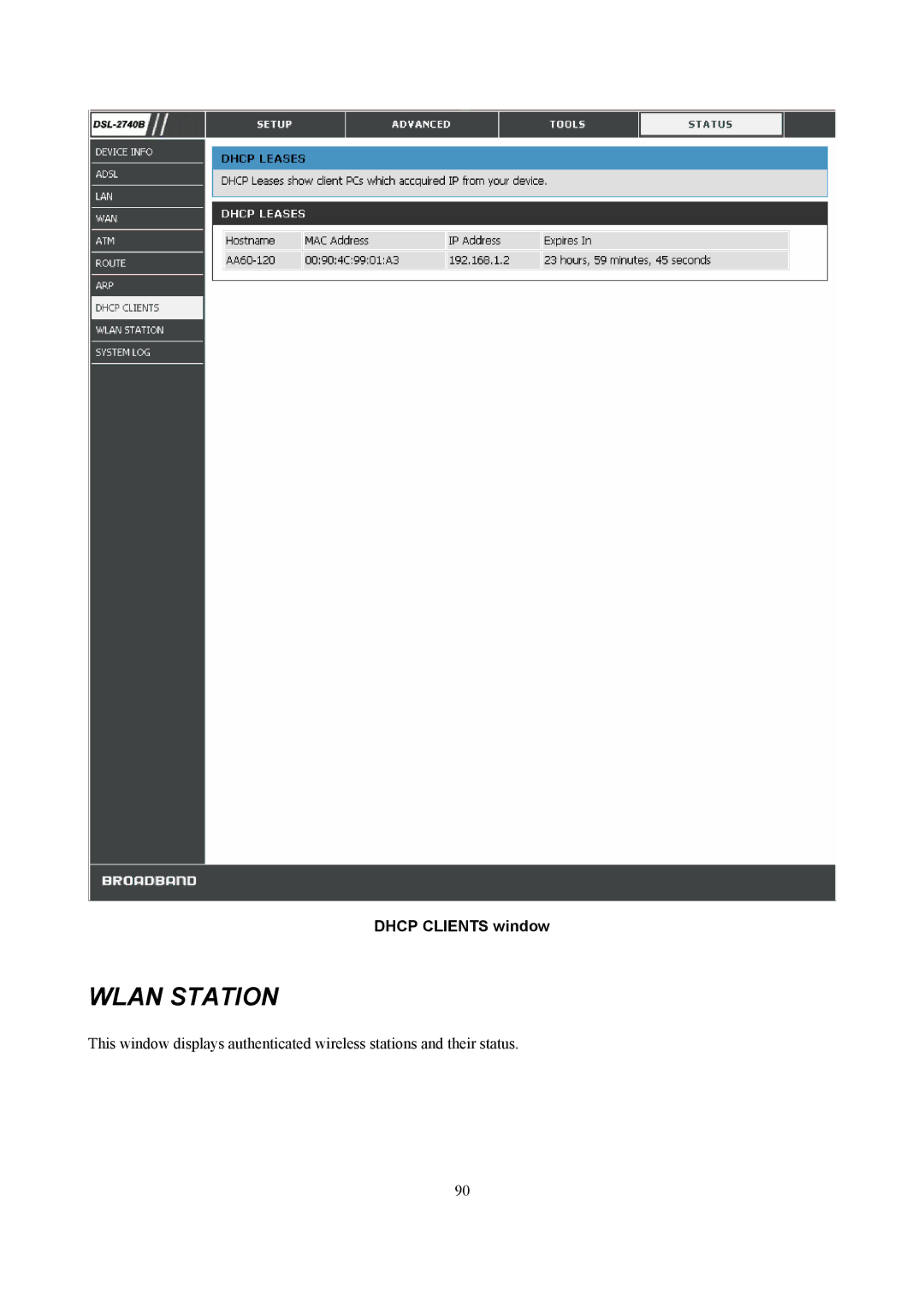 D-Link DSL-2740B manual Wlan Station, Dhcp Clients window 