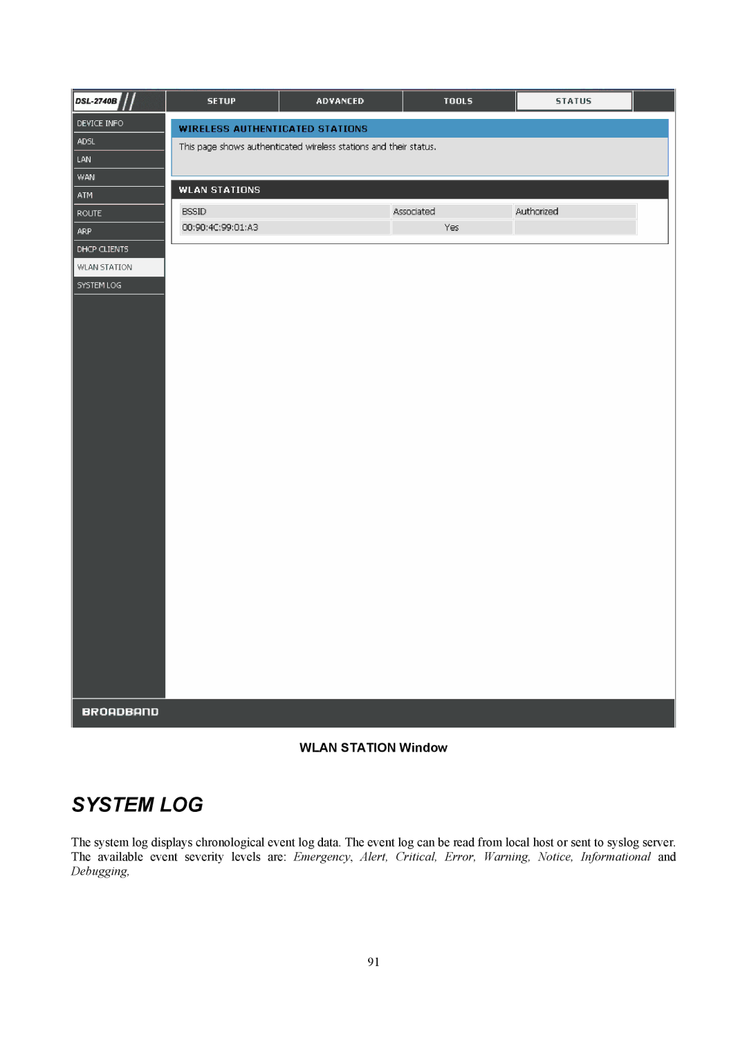 D-Link DSL-2740B manual System LOG, Wlan Station Window 