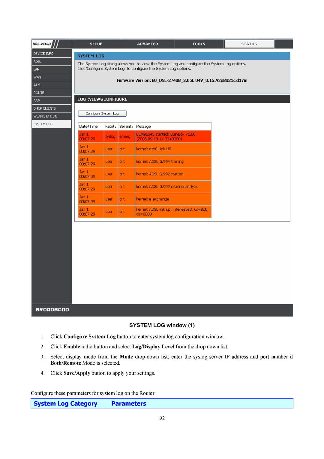 D-Link DSL-2740B manual System Log Category Parameters, System LOG window 