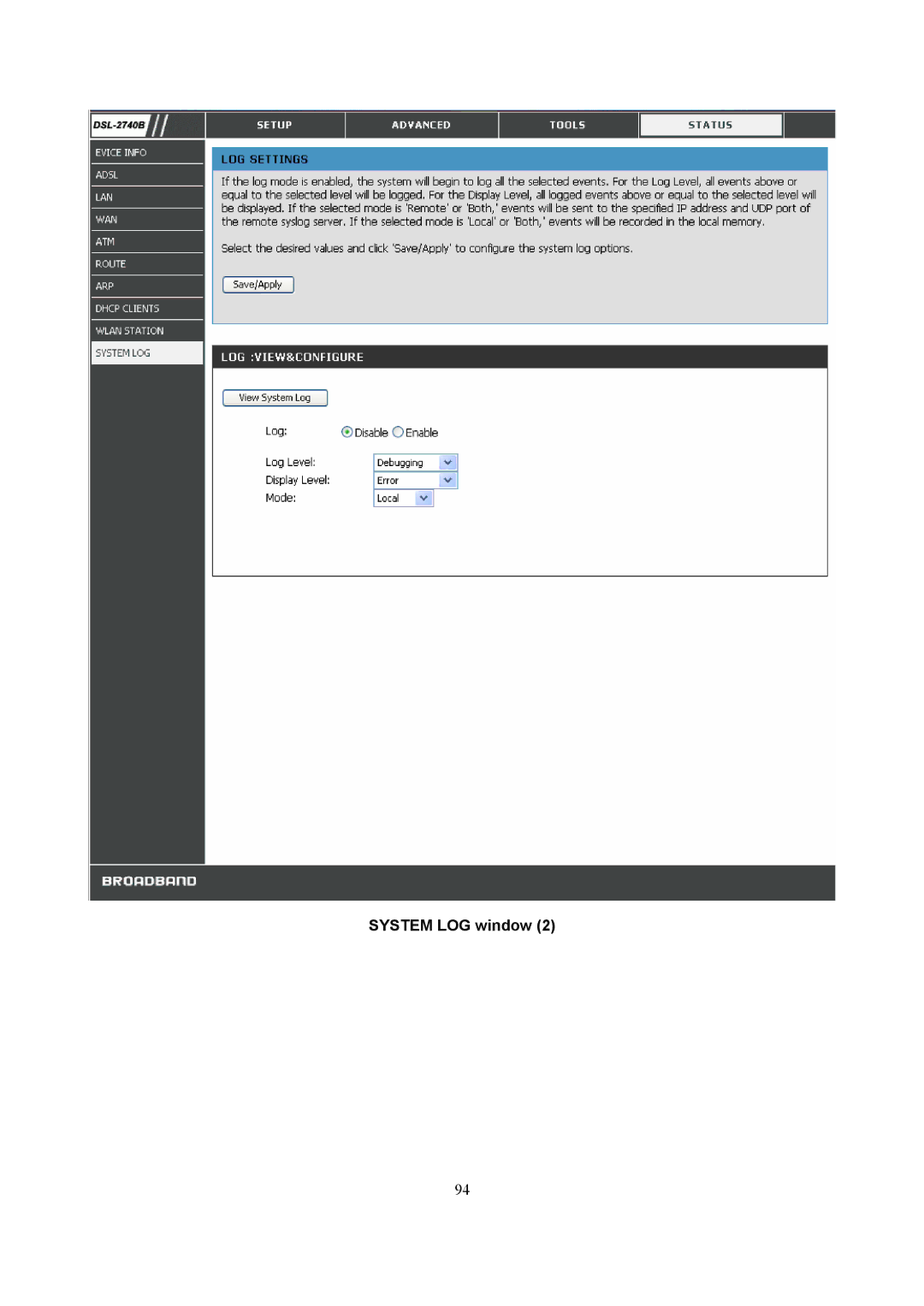 D-Link DSL-2740B manual System LOG window 