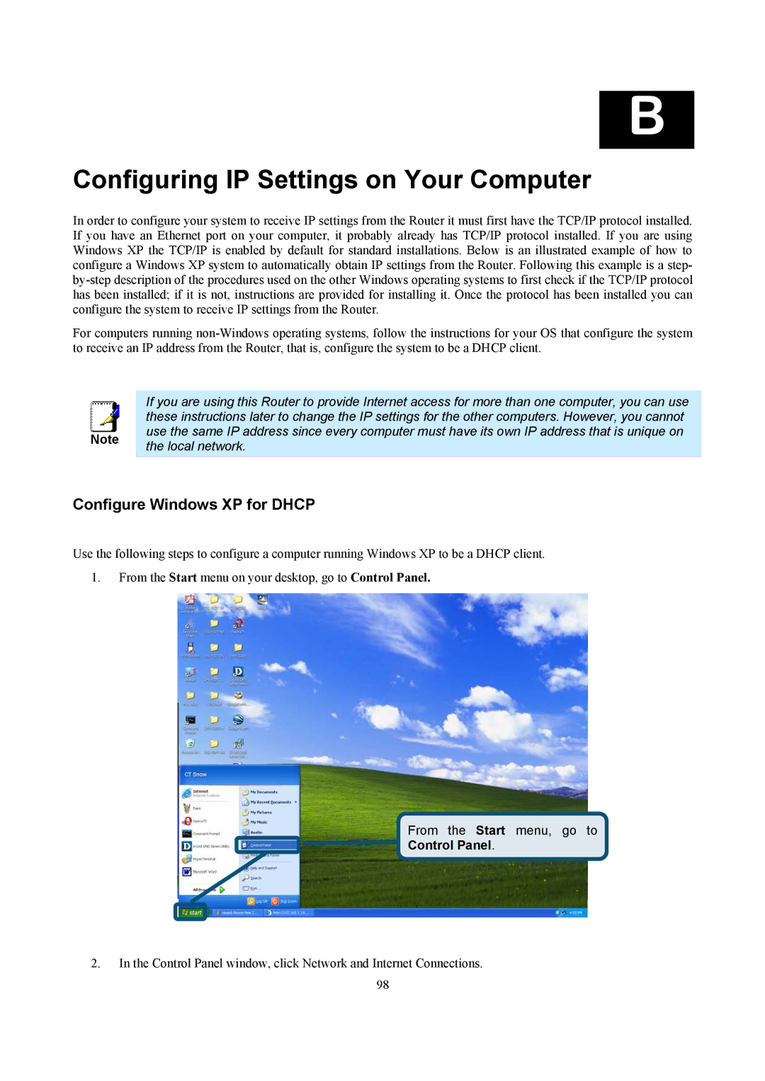 D-Link DSL-2740B manual Configure Windows XP for Dhcp, Control Panel 