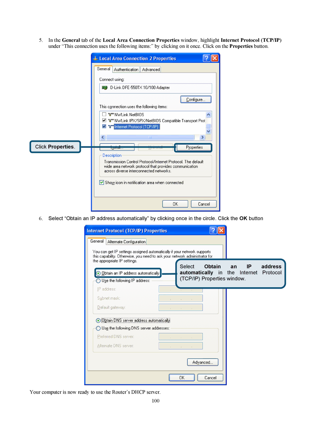 D-Link DSL-2740B manual Click Properties, Select Obtain an IP address 