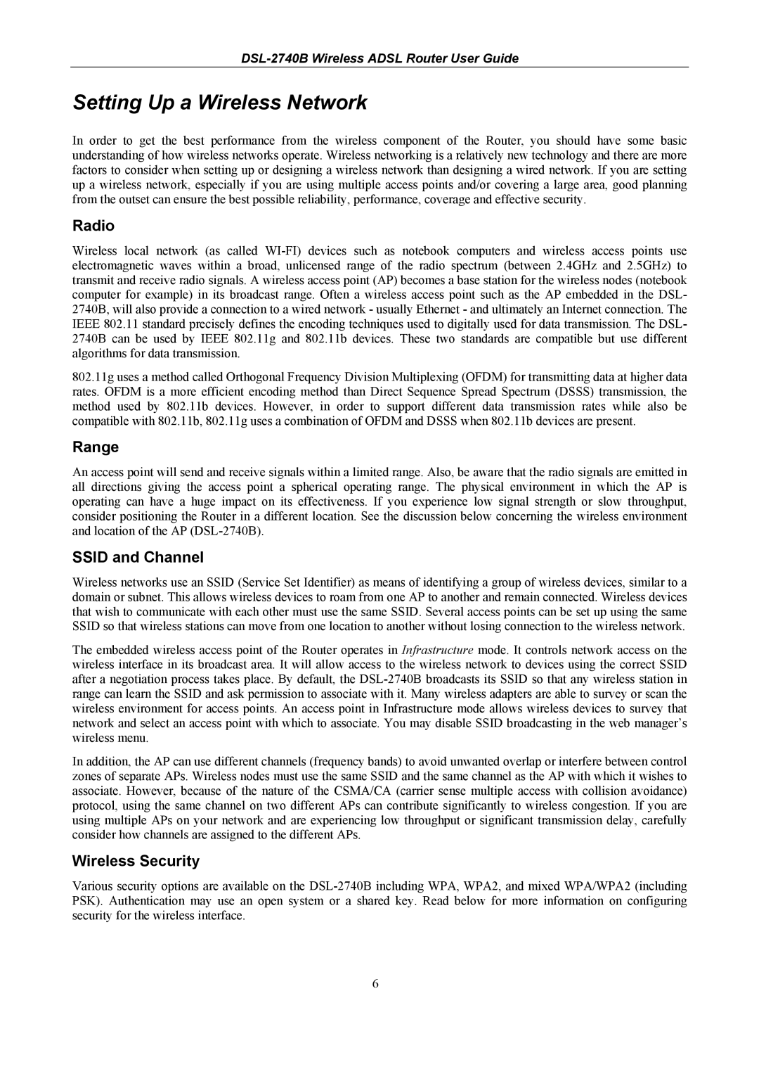 D-Link DSL-2740B manual Setting Up a Wireless Network, Radio, Range, Ssid and Channel, Wireless Security 