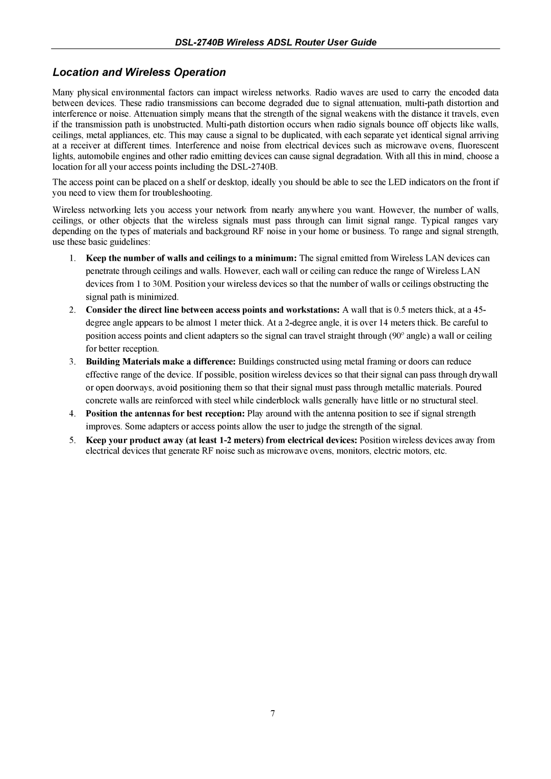 D-Link DSL-2740B manual Location and Wireless Operation 