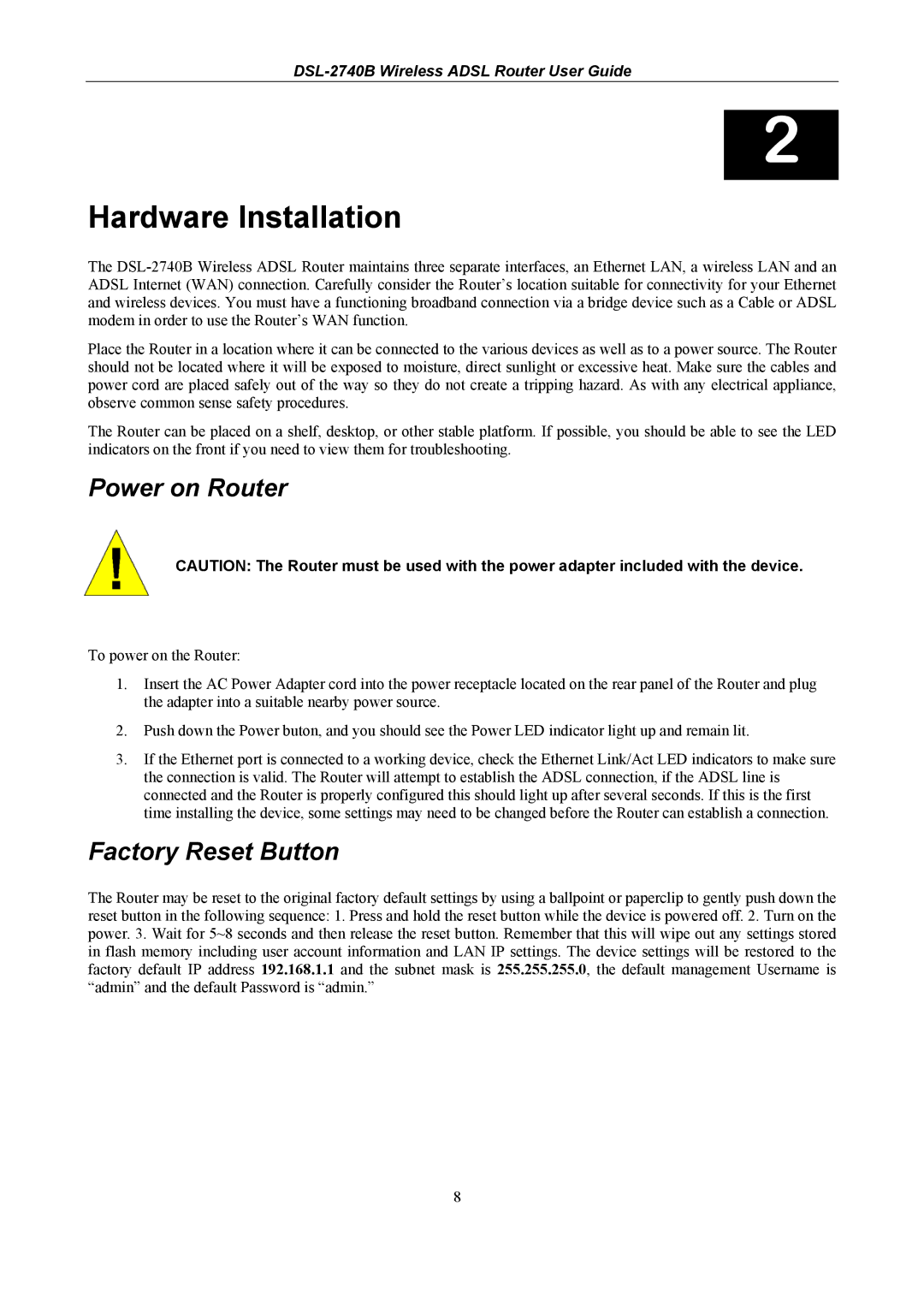 D-Link DSL-2740B manual Power on Router, Factory Reset Button 